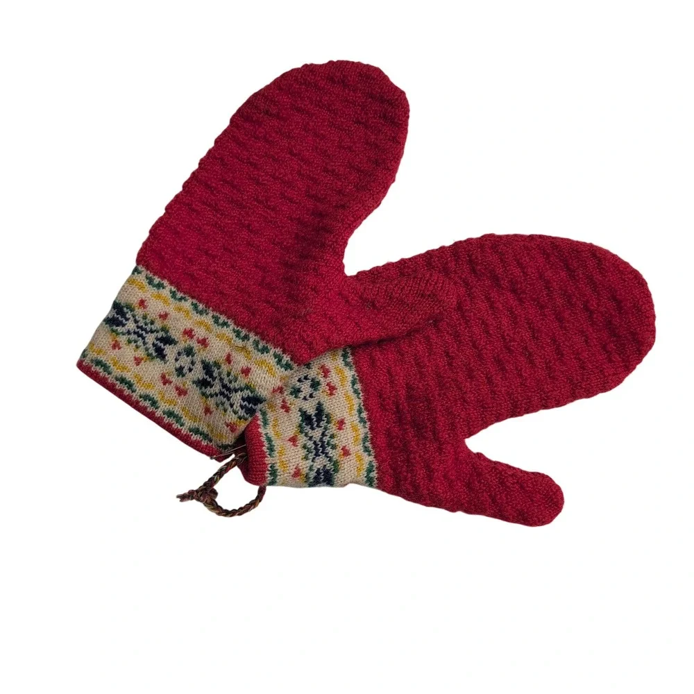 Handmade Red Wool Mittens‎ Fair Isle Patterned Cuff Nordic Winter Gloves Norway
